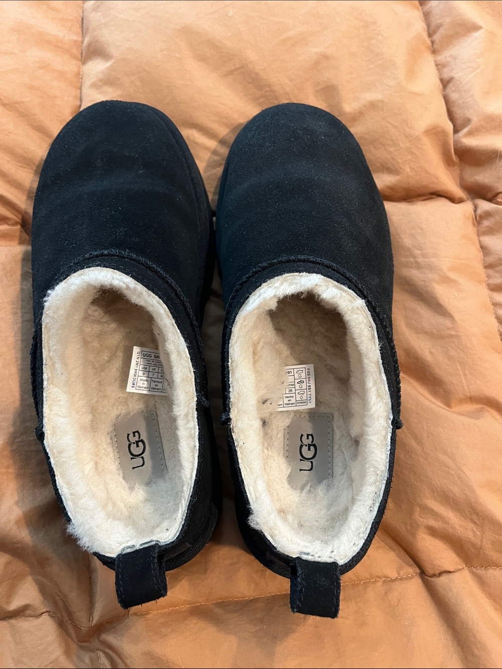 UGG Black Slip-On Suede mules with shearling interior.